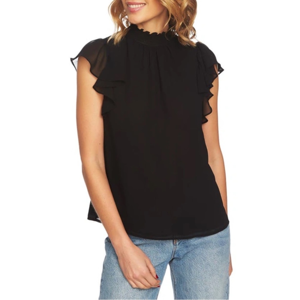 🔴 1.state Flutter Sleeve Smocked Neck Blouse Black